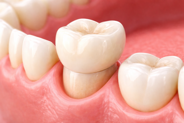 High-quality close-up of a ceramic dental crown fitted on a prepared tooth, restoring strength and appearance at our Perth CBD dental clinic.