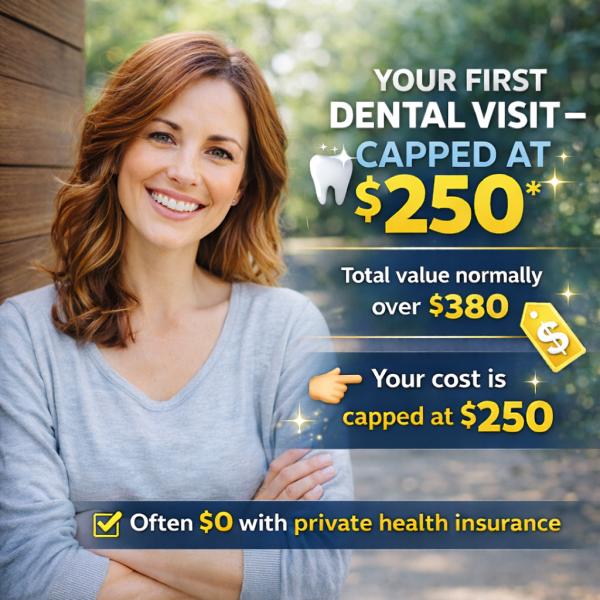 Smiling woman promoting new patient dental check-up and clean offer in Perth, capped at $250; may be $0 with private health insurance.