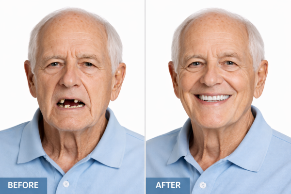 Before and after comparison of All-on-4 dental implants showing improved facial structure and smile