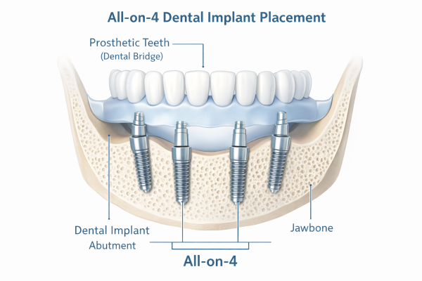 Diagram showing All-on-4 dental implant placement with four titanium implants angled in jawbone