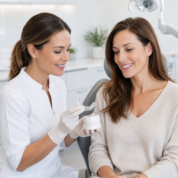 Dentist checking custom mouthguard fit in Perth