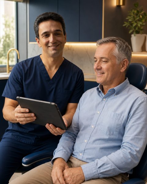 Dr Ali Matin explaining dental implant bone graft to a patient in Perth
