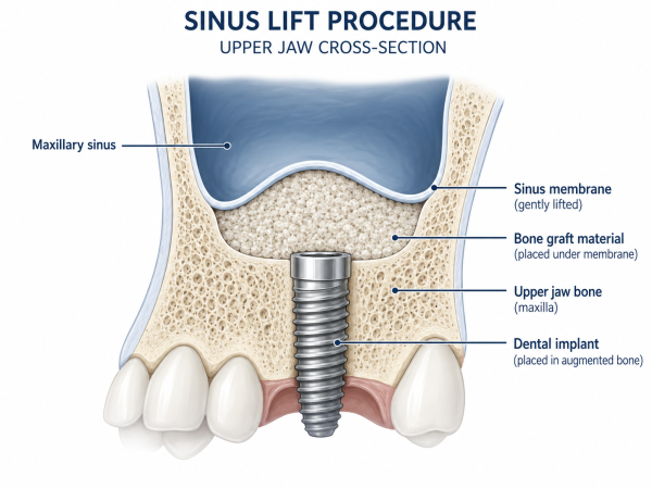 medical illustration of an upper jaw cross-section showing the maxillary sinus, a lifted sinus membrane, bone graft material added below it, and a dental implant placed in the new bone.