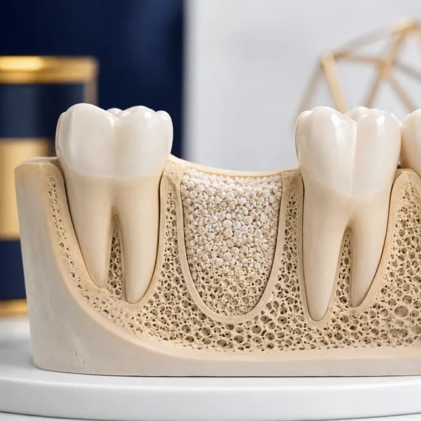Bone graft material filling a gap in the jawbone between two teeth