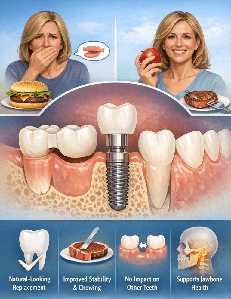 Illustration of dental implant benefits: a natural-looking replacement tooth, stable chewing, neighbouring teeth left untouched, and support for the jawbone