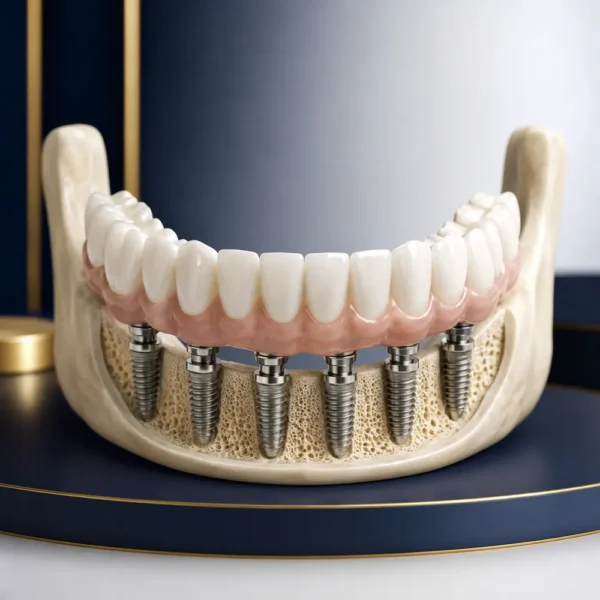 Full-arch implant bridge for a whole jaw of missing teeth