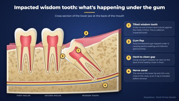 Cross-section illustration of the lower jaw showing an impacted wisdom tooth tilted against the second molar, a gum flap over it, and the nerve canal close to its roots